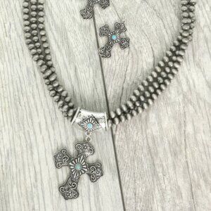 Western Turquoise Cross Necklace Set